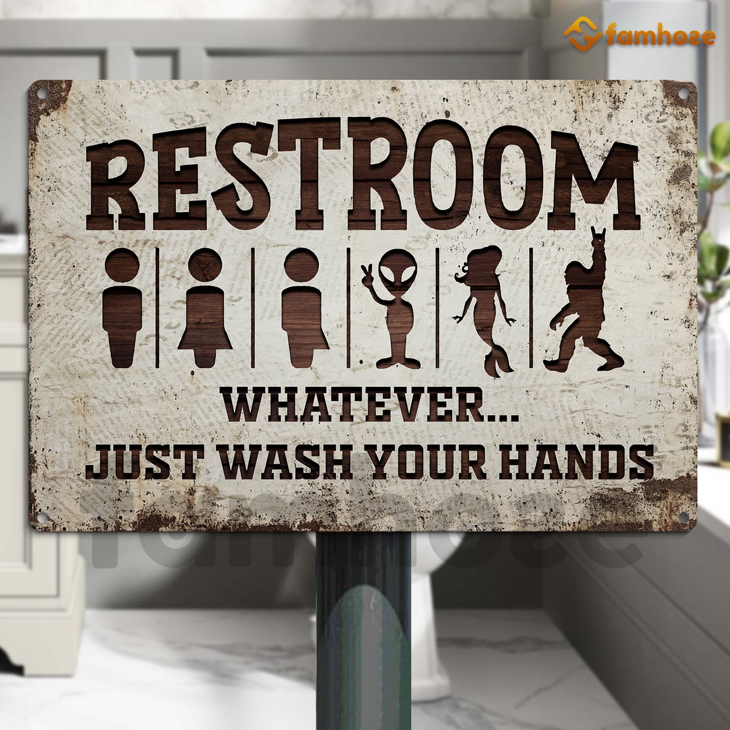 Funny Restroom Metal Sign, Restroom Whatever Just Wash Your Hand Toilet Sign, WC Decor Gift For Restroom Lovers