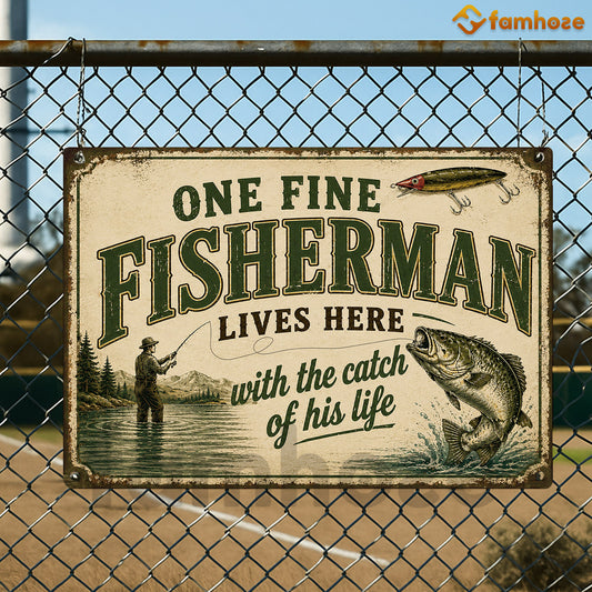 Vintage Fishing Metal Sign, One Fine Fisherman Lives Here Yard Sign, Field Decor Gift For Fishing Lover
