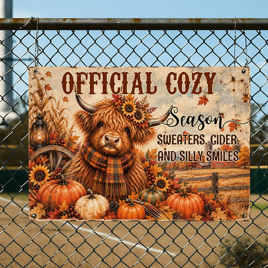 Vintage Thanksgiving Highland Cow Metal Sign, Official Cozy Season Yard Sign, Fall Season Field Decor Gift For Highland Cow Lover
