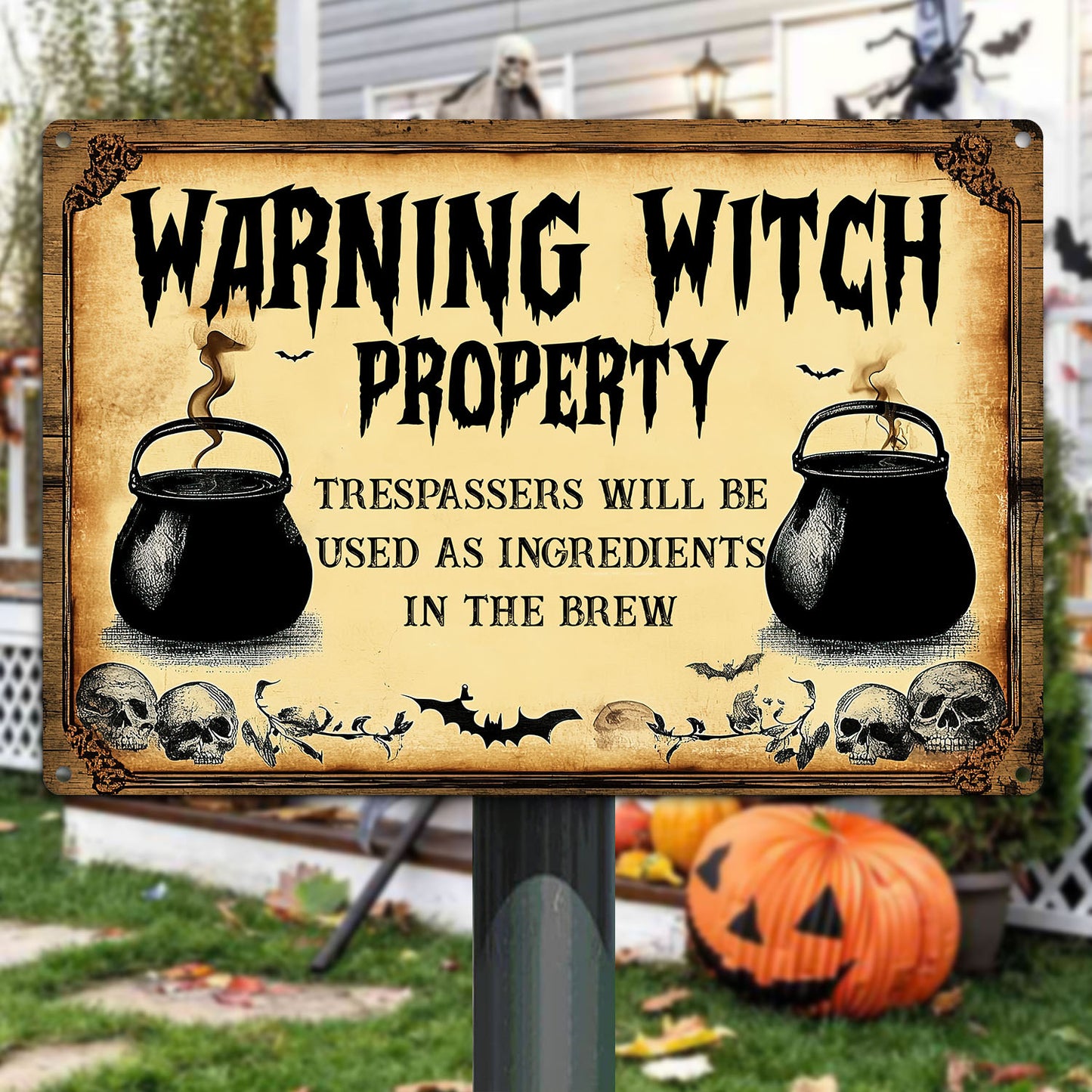 Halloween Metal Sign, Warning Witch Property, Welcome To The Magical Garden Backyard Sign