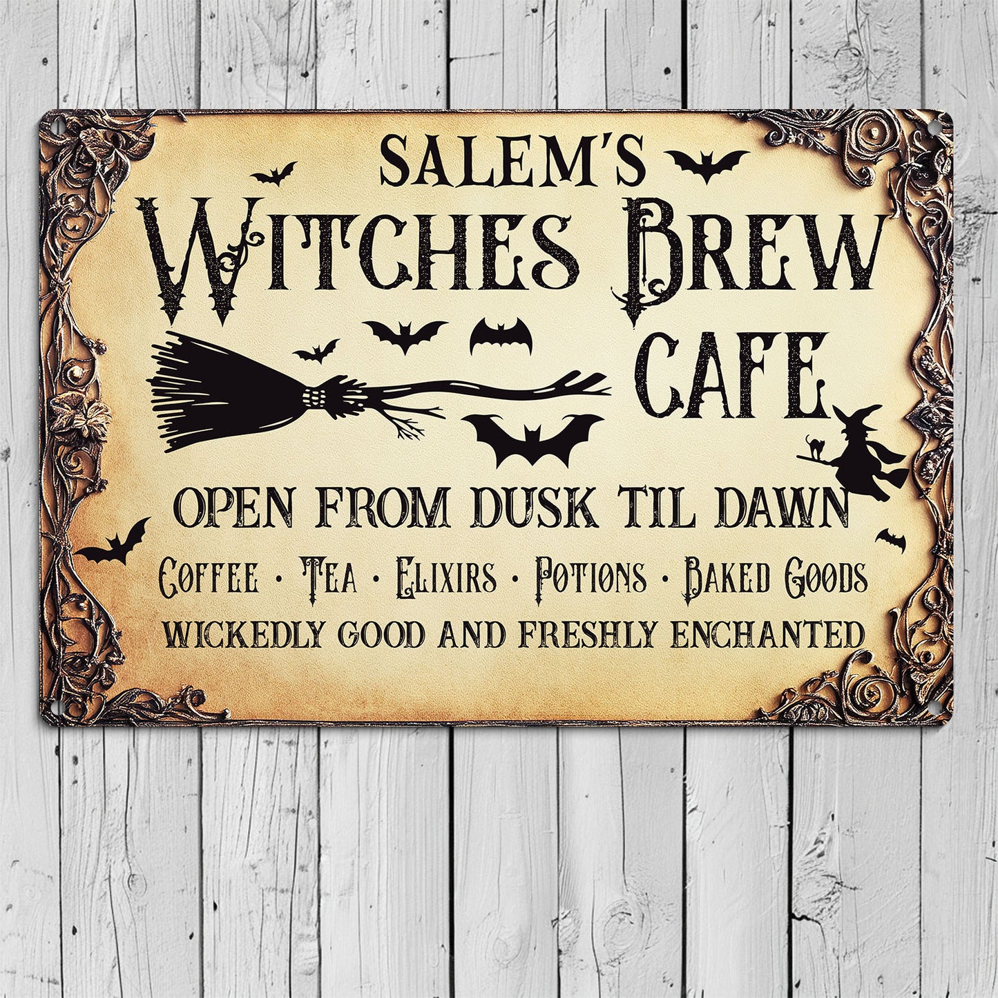 Halloween Witch Metal Sign, Salem's Witched Brew, Welcome To The Magical Garden Backyard Sign