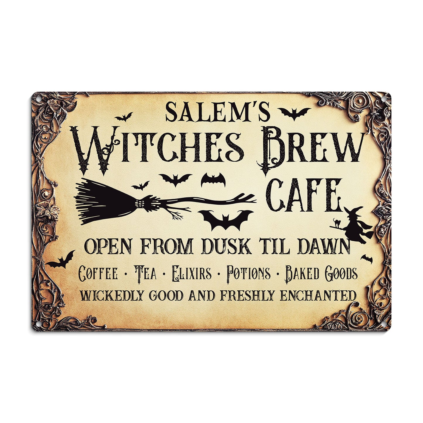 Halloween Witch Metal Sign, Salem's Witched Brew, Welcome To The Magical Garden Backyard Sign