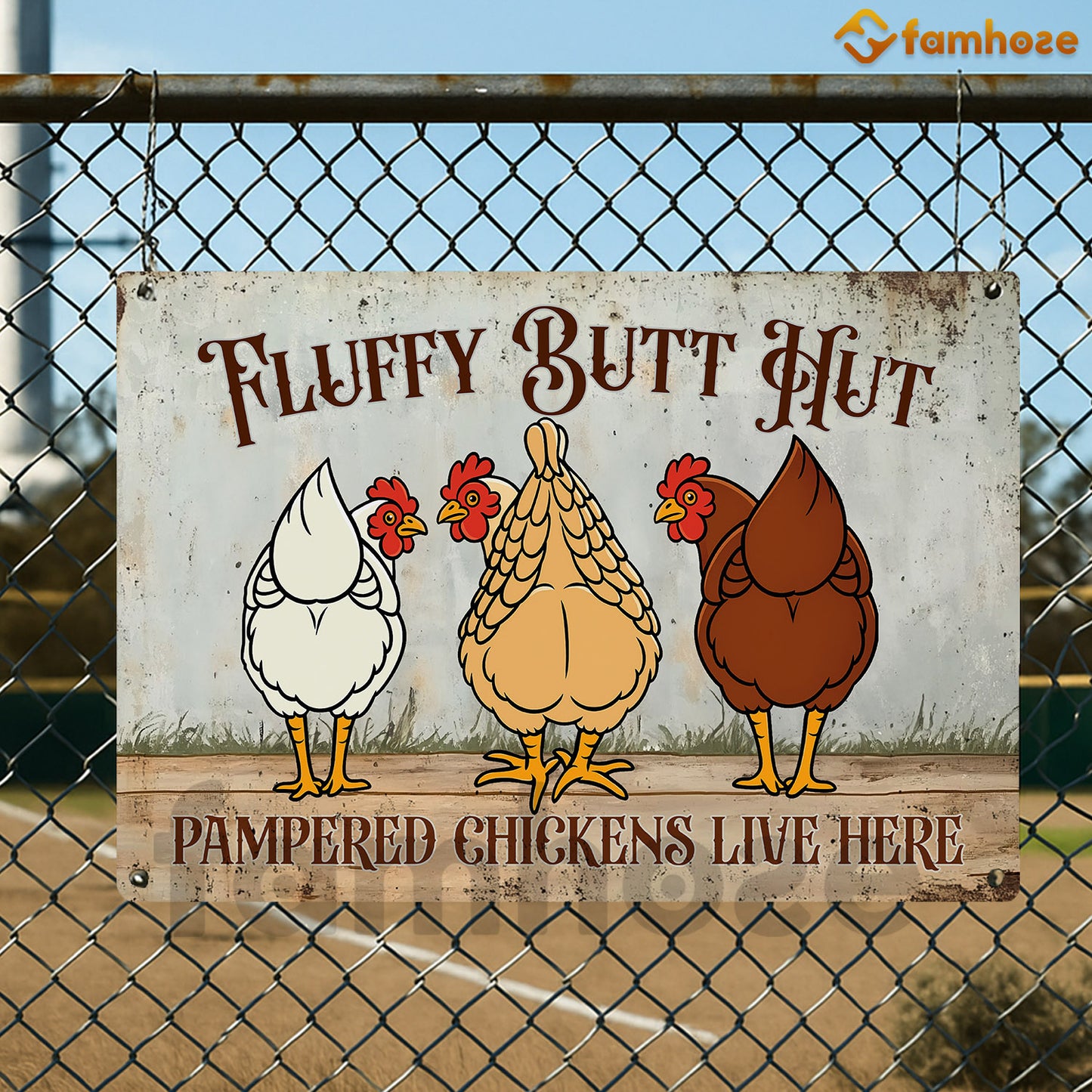 Funny Chicken Metal Sign, Fluffy Butt Hut Farm Sign, Farm Decor Gift For Chicken Lovers