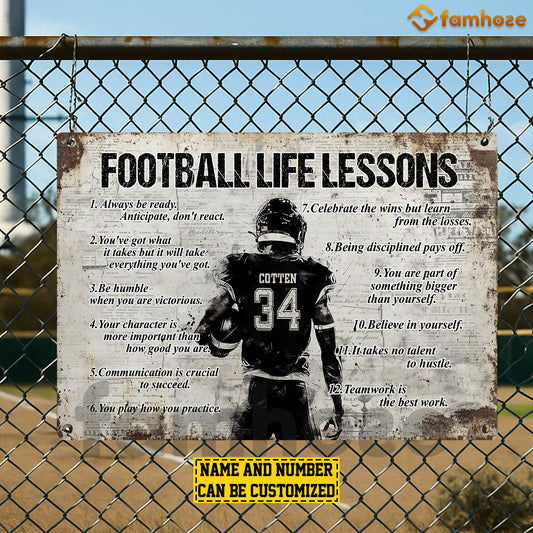 Personalized Football Man Metal Sign, Inspirational Football Life Lessons Sports Sign, Field Decor Gift For Football Lovers