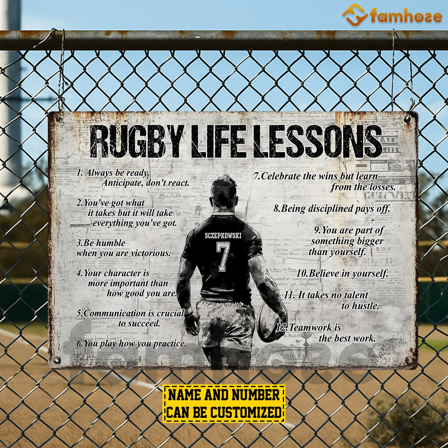 Personalized Rugby Man Metal Sign, Inspirational Rugby Life Lessons Sports Sign, Field Decor Gift For Rugby Lovers