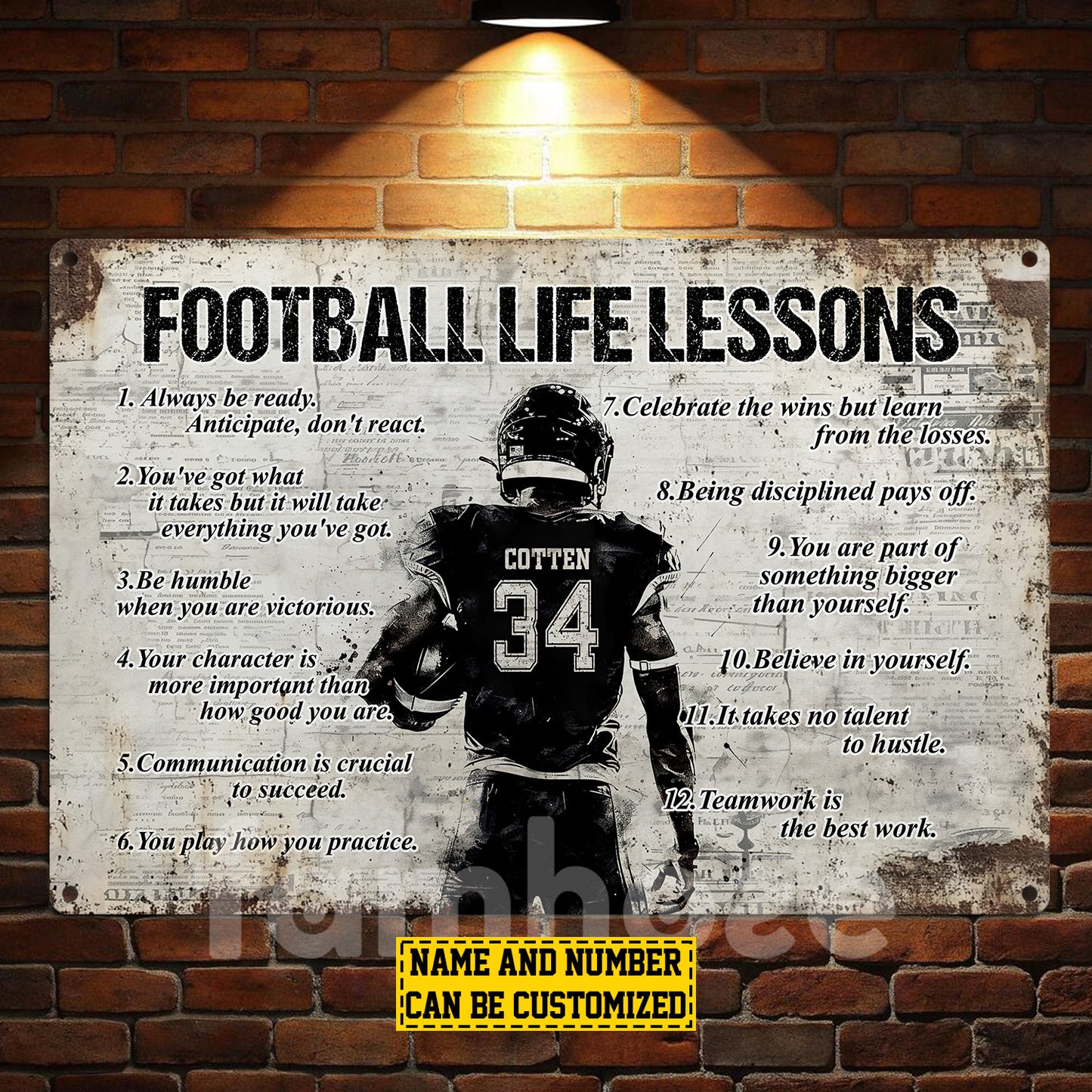 Personalized Football Man Metal Sign, Inspirational Football Life Lessons Sports Sign, Field Decor Gift For Football Lovers