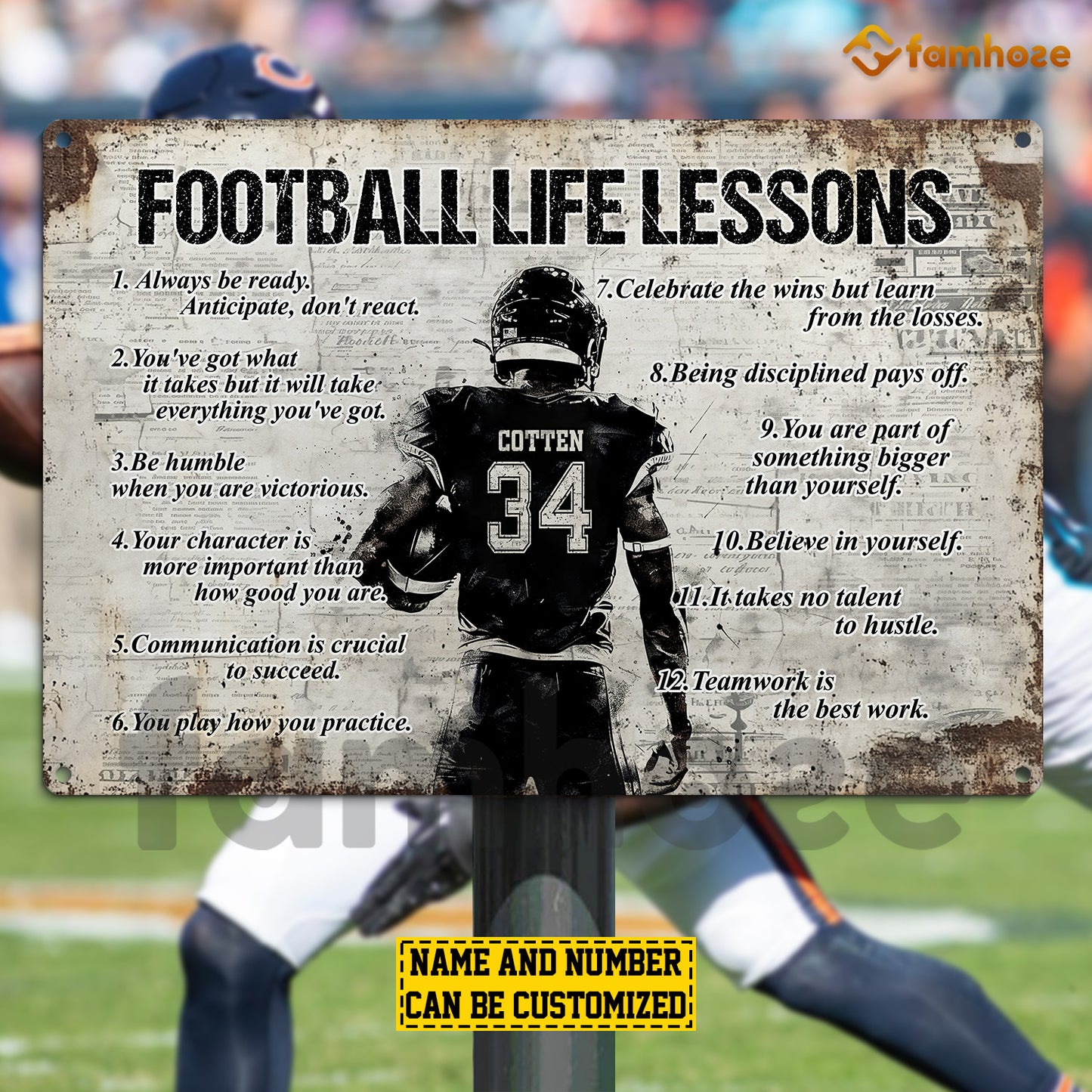 Personalized Football Man Metal Sign, Inspirational Football Life Lessons Sports Sign, Field Decor Gift For Football Lovers