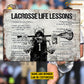 Personalized Lacrosse Metal Sign, Inspirational Lacrosse Life Lessons Sports Sign, Field Decor Gift For Lacrosse Lovers