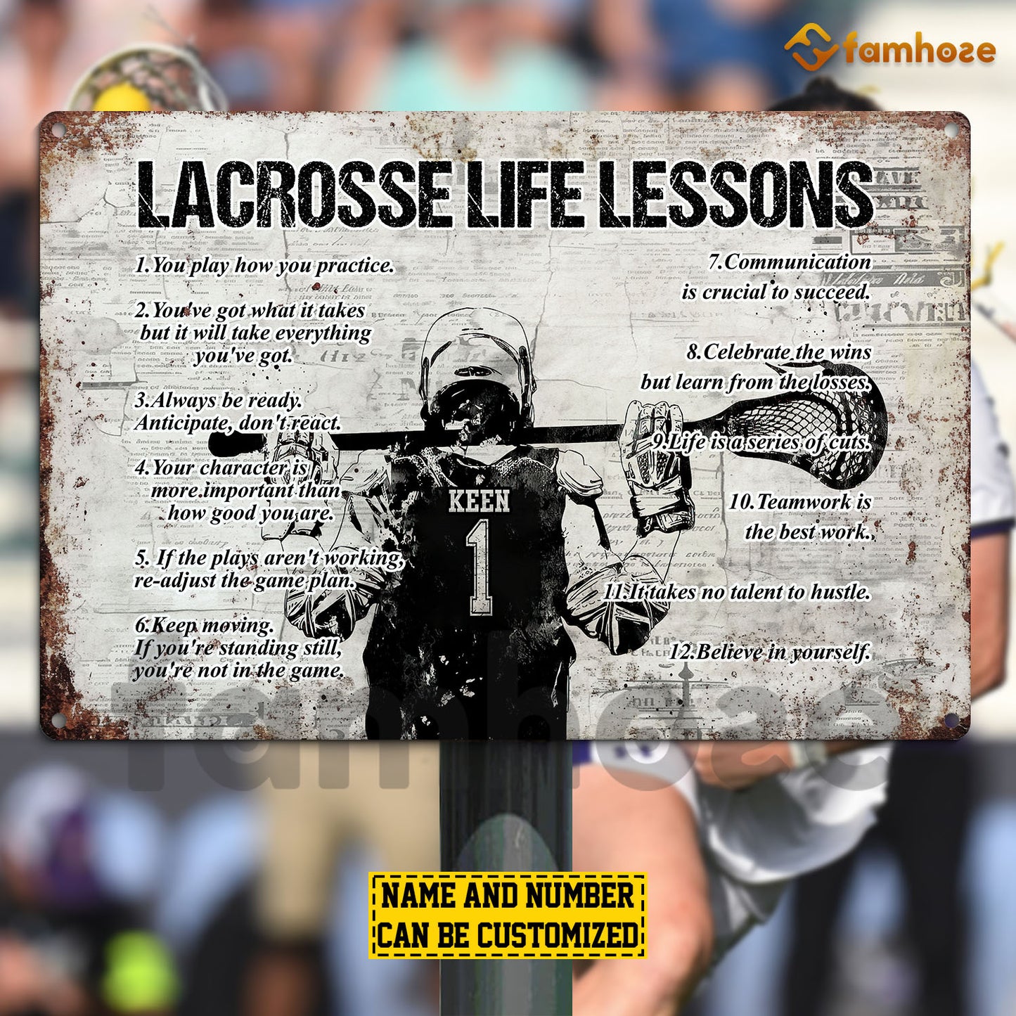 Personalized Lacrosse Metal Sign, Inspirational Lacrosse Life Lessons Sports Sign, Field Decor Gift For Lacrosse Lovers