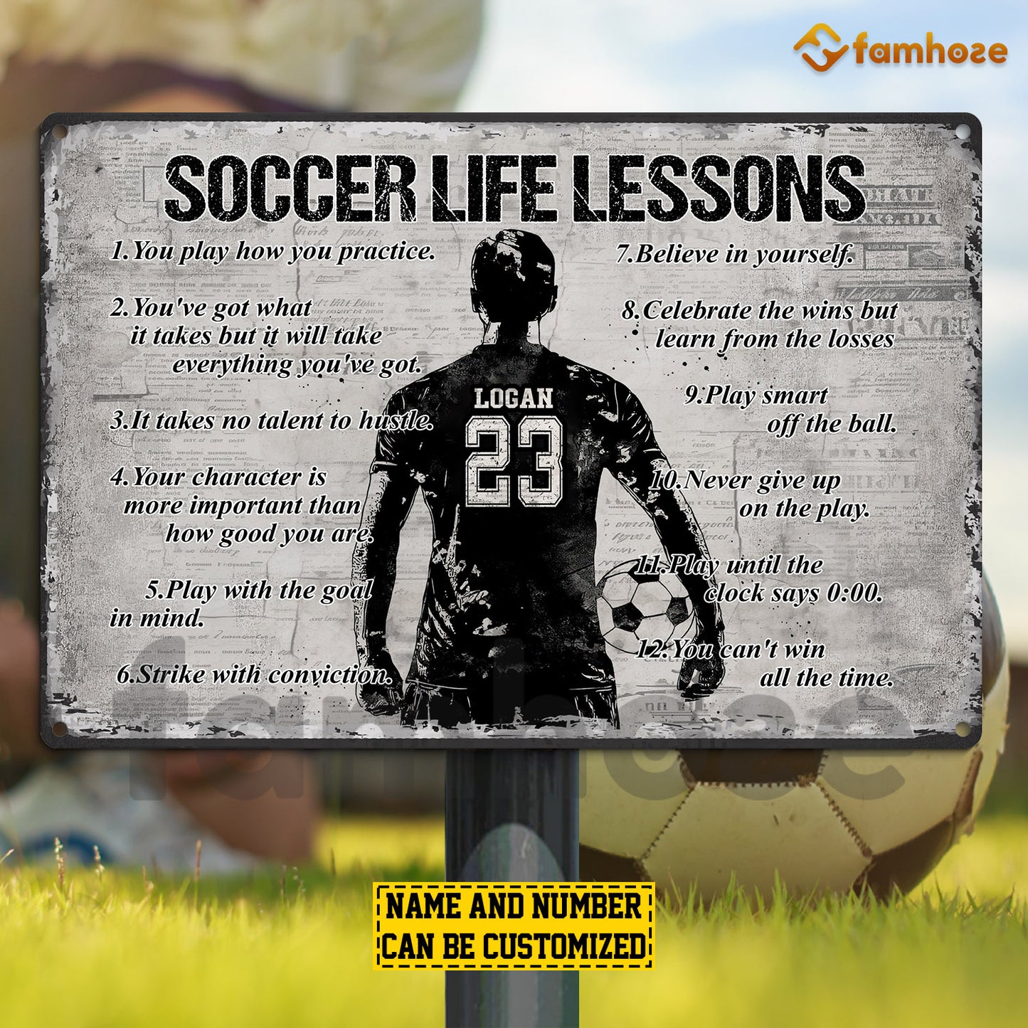 Personalized Soccer Man Metal Sign, Inspirational Soccer Life Lessons Sports Sign, Field Decor Gift For Soccer Lovers