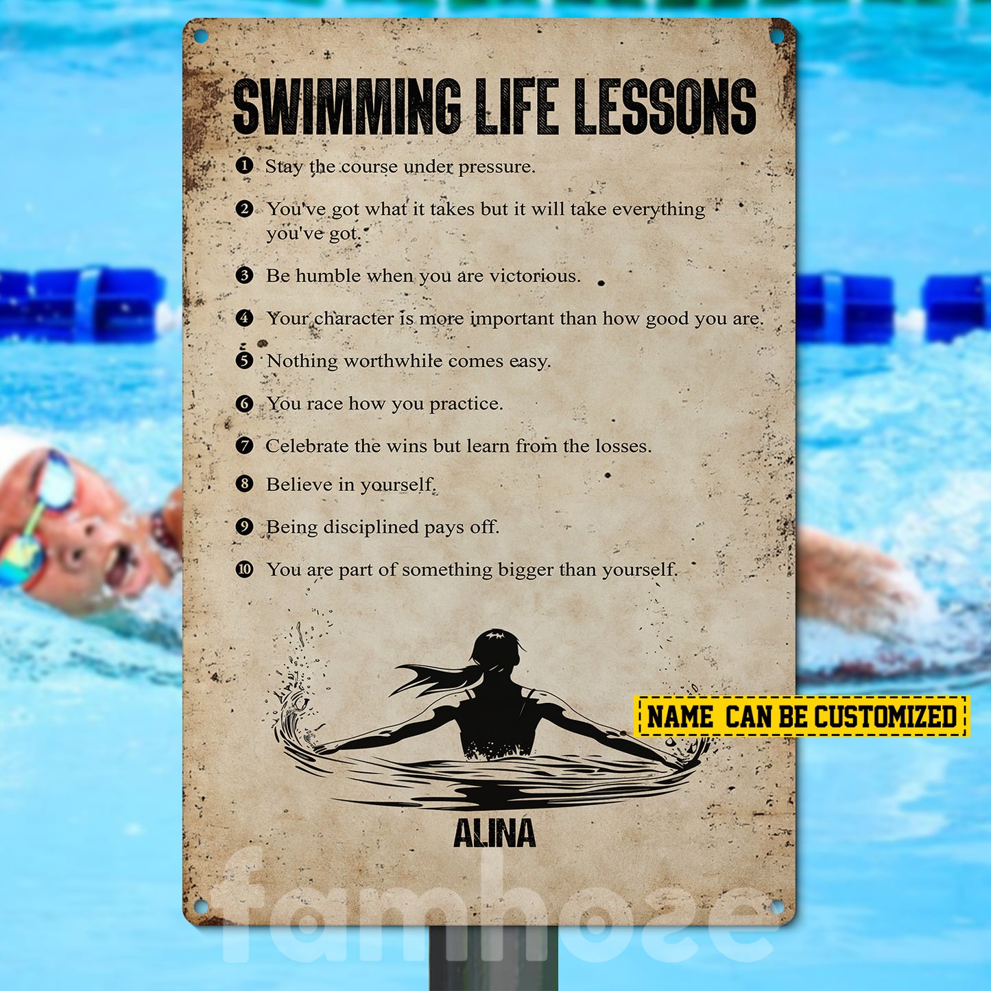 Personalized Swimming Woman Metal Sign, Swimming Life Lessons Sport Sign, Field Decor Gift For Swimming Lovers