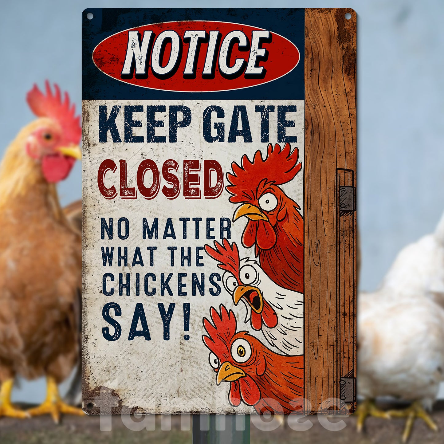 Funny Chicken Metal Sign, Notice Keep Gate Closed Farm Sign, Farm Decor Gift For Chicken Lovers