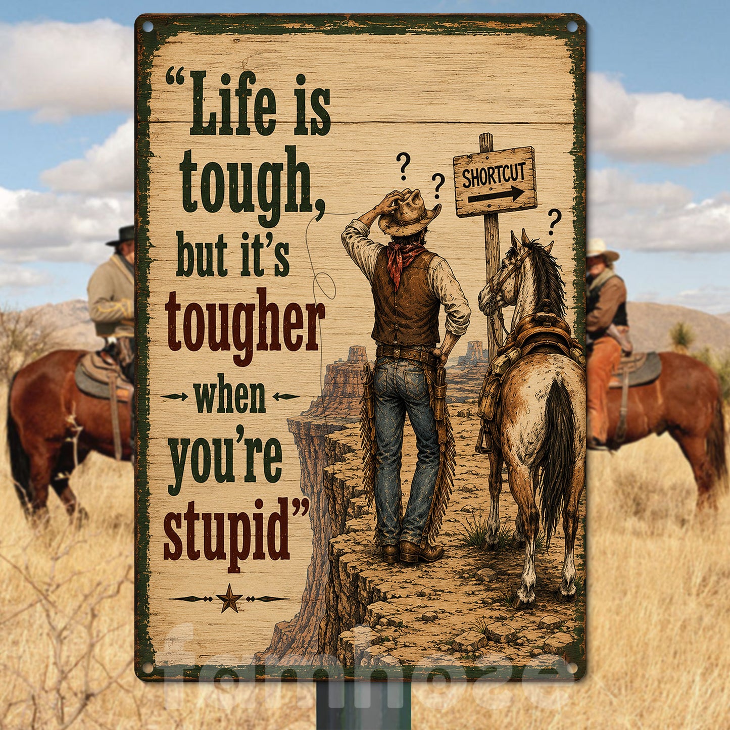 Funny Cowboy Metal Sign, Life Is Tough But It's Toughter When You're Stupid Yard Sign, Field Decor Gift For Cowboys