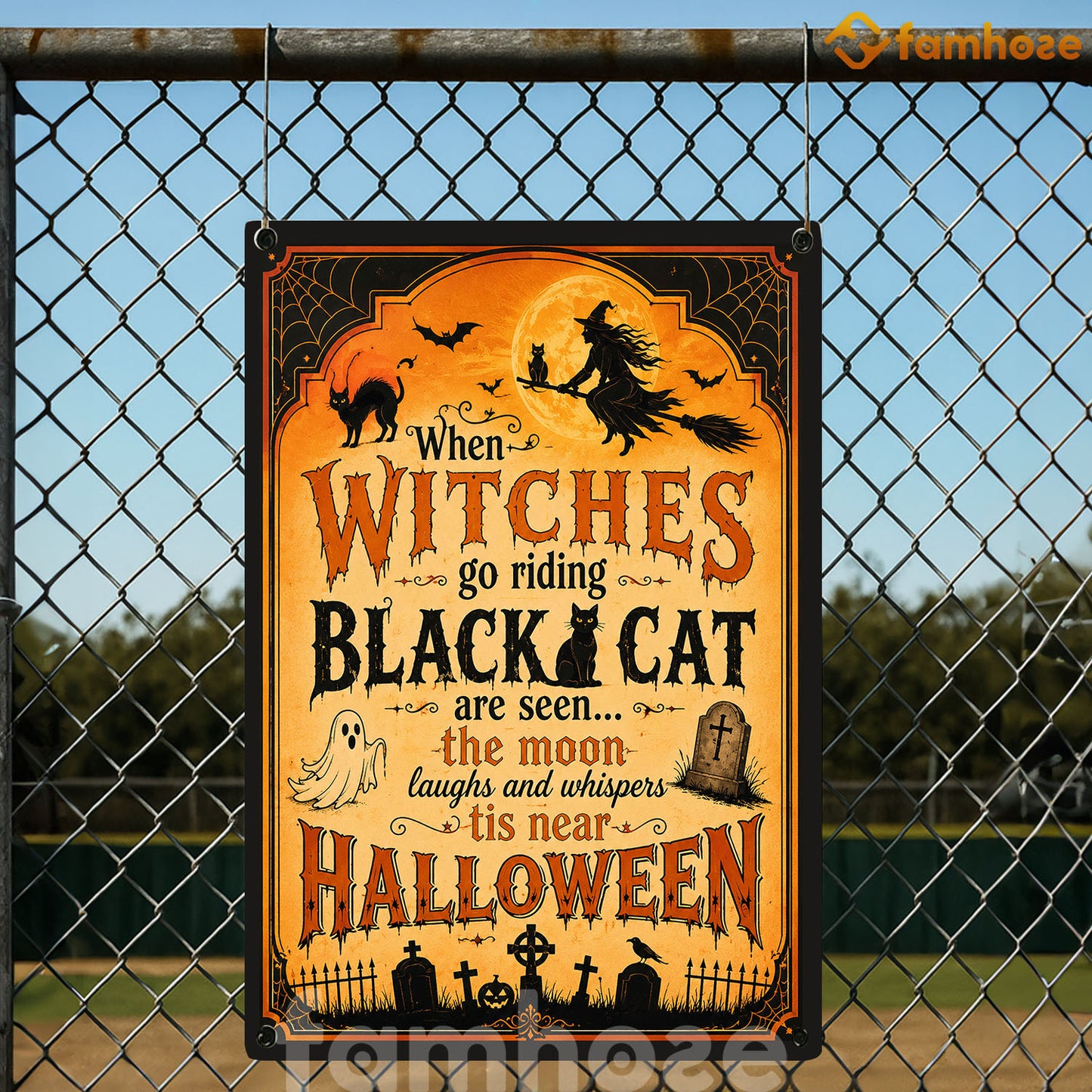 Halloween Witch & Black Cat Metal Sign, When Witches Go Riding Yard Sign, House Decor Spooky Season Gift For Cat & Witch Lover