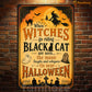 Halloween Witch & Black Cat Metal Sign, When Witches Go Riding Yard Sign, House Decor Spooky Season Gift For Cat & Witch Lover