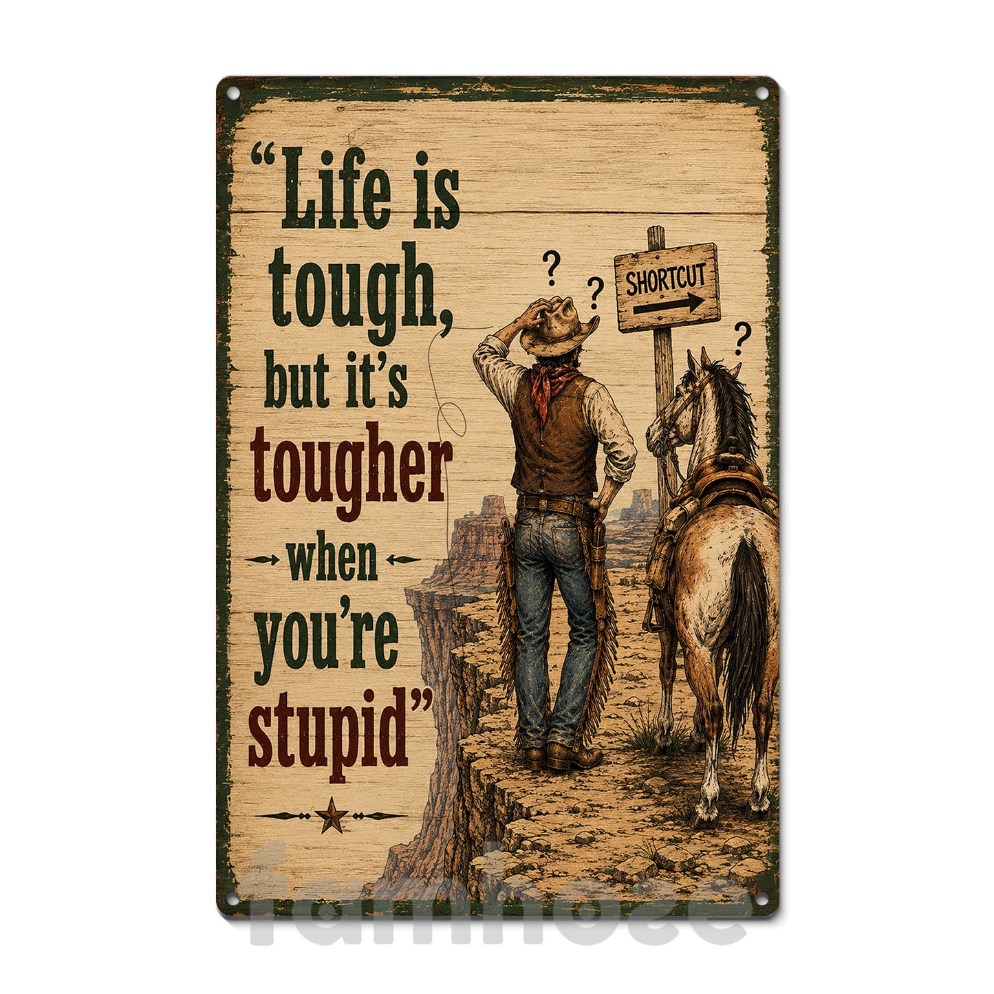 Funny Cowboy Metal Sign, Life Is Tough But It's Toughter When You're Stupid Yard Sign, Field Decor Gift For Cowboys