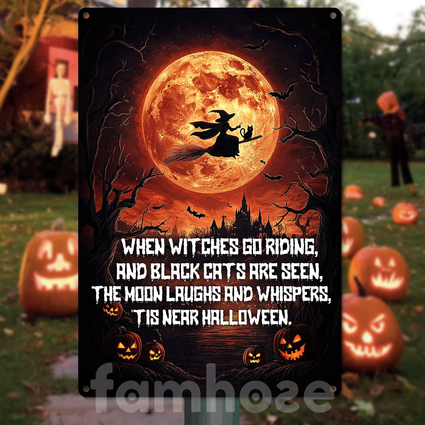 Halloween Witch & Black Cat Metal Sign, When Witches Go Riding Garden Sign, Field Decor Gift For Witch Lovers