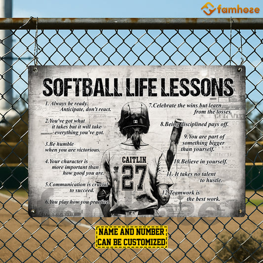 Personalized Softball Girl Metal Sign, Inspirational Softball Life Lessons Sports Sign, Field Decor Gift For Softball Lovers