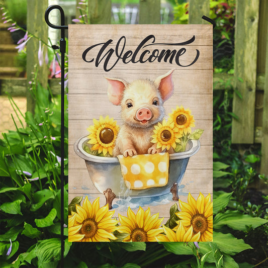 Cute Pig Flag, Baby Pig In A Bath Welcome To My Garden, Gift For Pig Lovers, Farmers, Garden Lovers