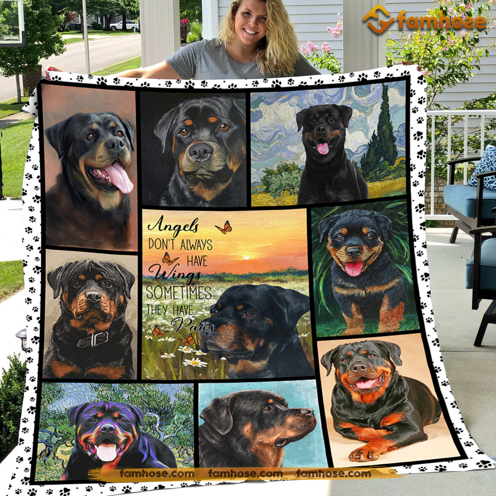 Dog Blanket, Angels Don't Always Have Wings Sometimes They Have Paws Rottweiler Fleece Blanket - Sherpa Blanket Gift For Dog Lovers, Dog Owners