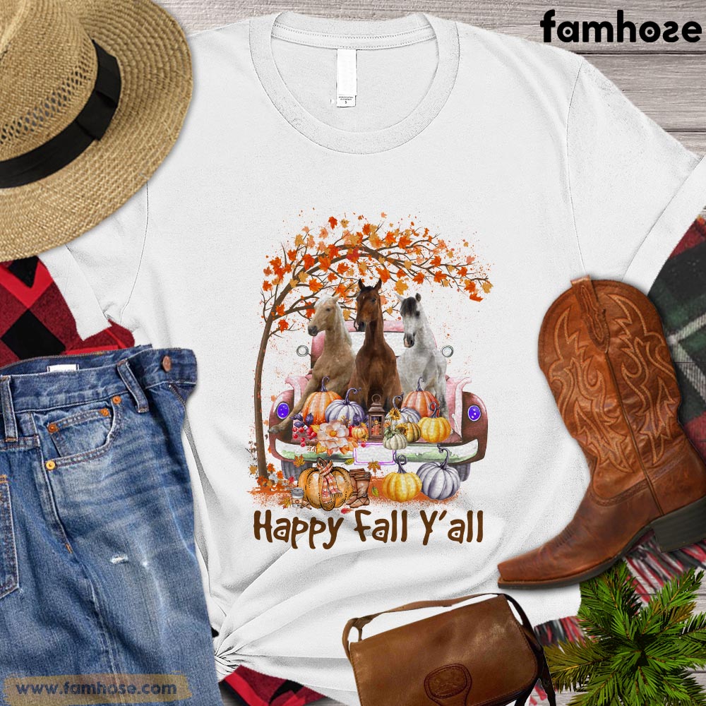 Thanksgiving Horse T-shirt, Happy Fall Yall Together Pumpkin Thanksgiving Gift For Horse Lovers, Horse Riders, Equestrians