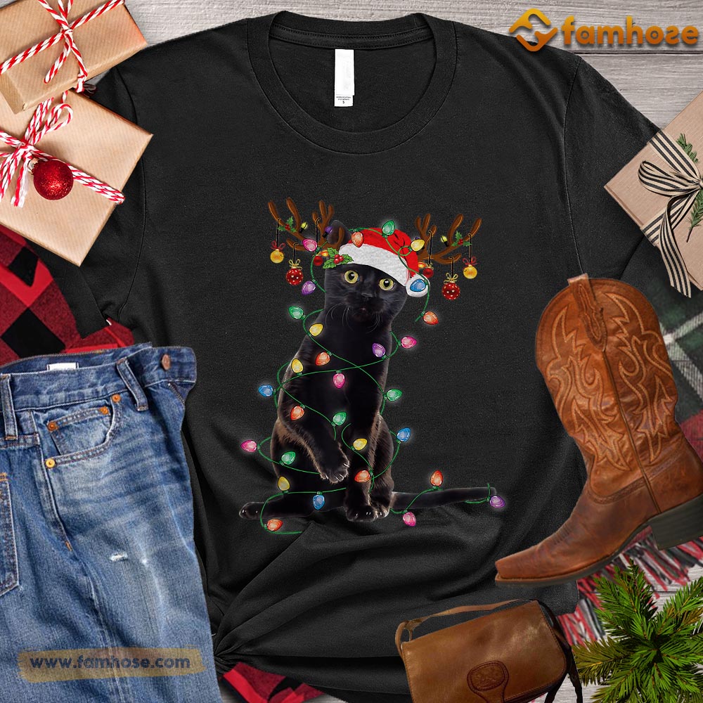 Christmas Cat T-shirt, Cat With Santa Hat Reindeer String Lights Gift For Cat Lovers, Cat Owners, Cat Tees