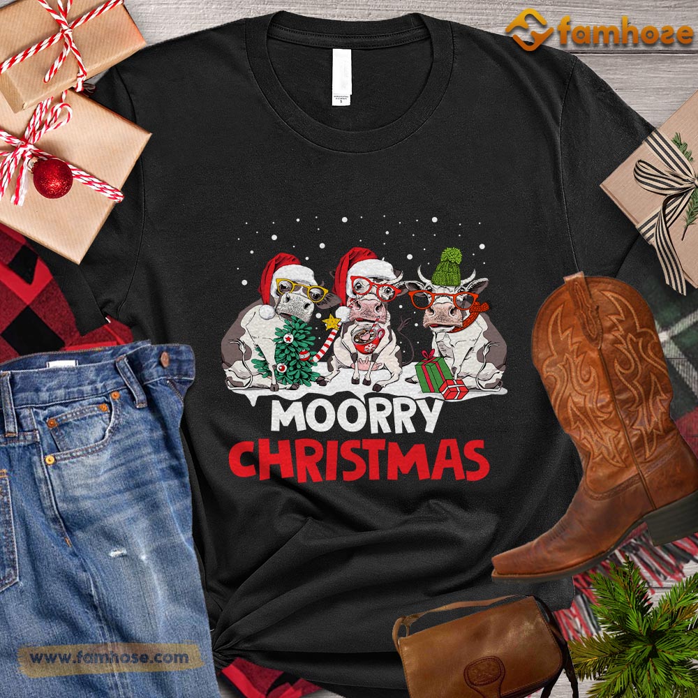 Christmas Cow T-shirt, Moorry Chirstmas Santa Christmas Gift For Cow Lovers, Cow Farm, Cow Tees