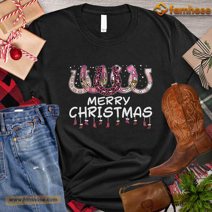 Cute Christmas Horse T-shirt, Merry Christmas Pink Horseshoe Christmas Gift For Horse Lovers, Horse Riders, Equestrians