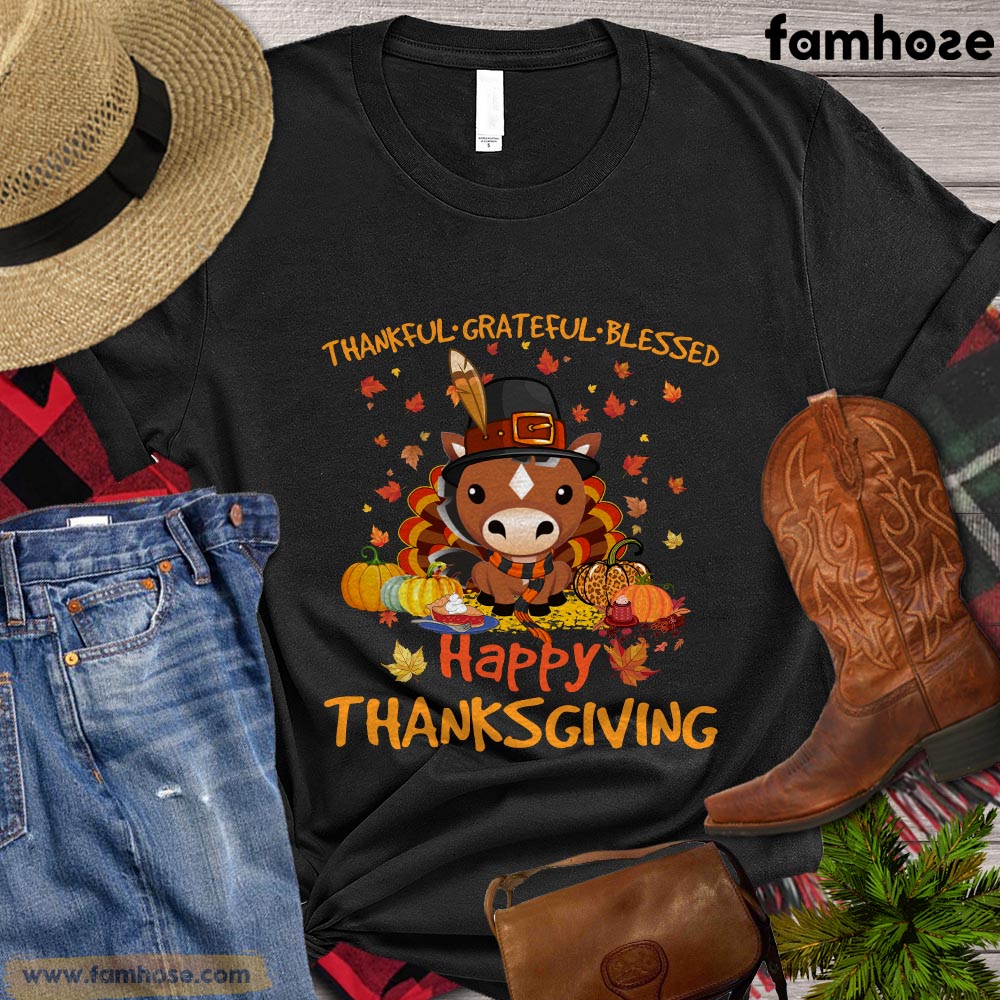 Thanksgiving Horse T-shirt, Thankful - Grateful - Blessed Happy Thanksgiving Gift For Horse Lovers, Horse Riders, Equestrians