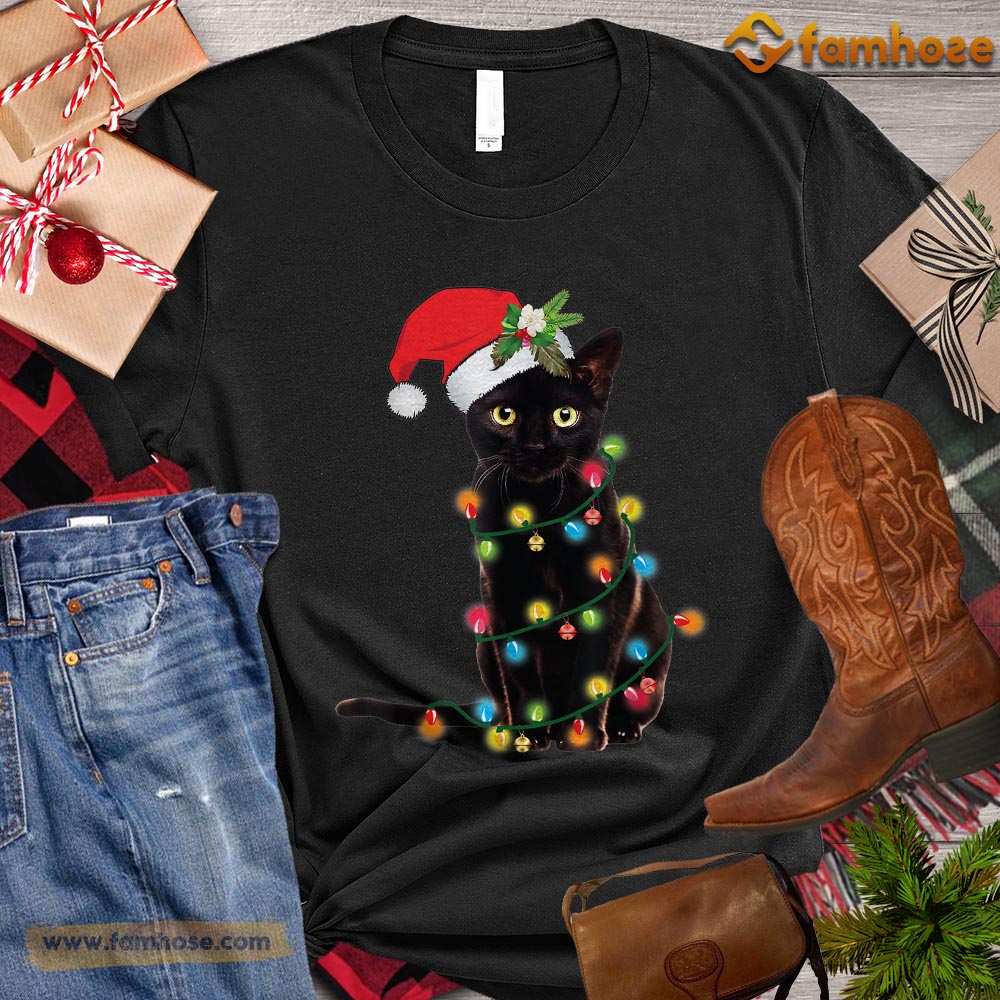 Christmas Cat T-shirt, String Lights With Cat Gift For Cat Lovers, Cat Owners, Cat Tees