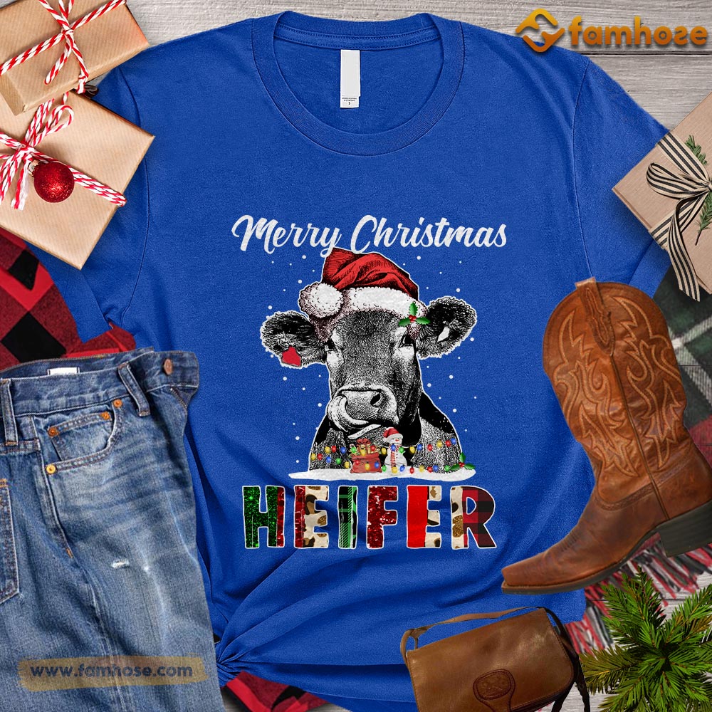 Cool Christmas Cow T-shirt, Merry Christmas Heifer With Santa Hat Gift For Cow Lovers, Cow Farm, Cow Tees