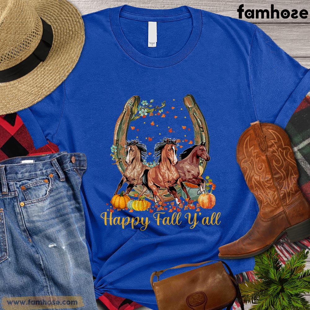 Thanksgiving Horse T-shirt, Happy Fall Yall Horseshoe Pumpkin Thanksgiving Gift For Horse Lovers, Horse Riders, Equestrians