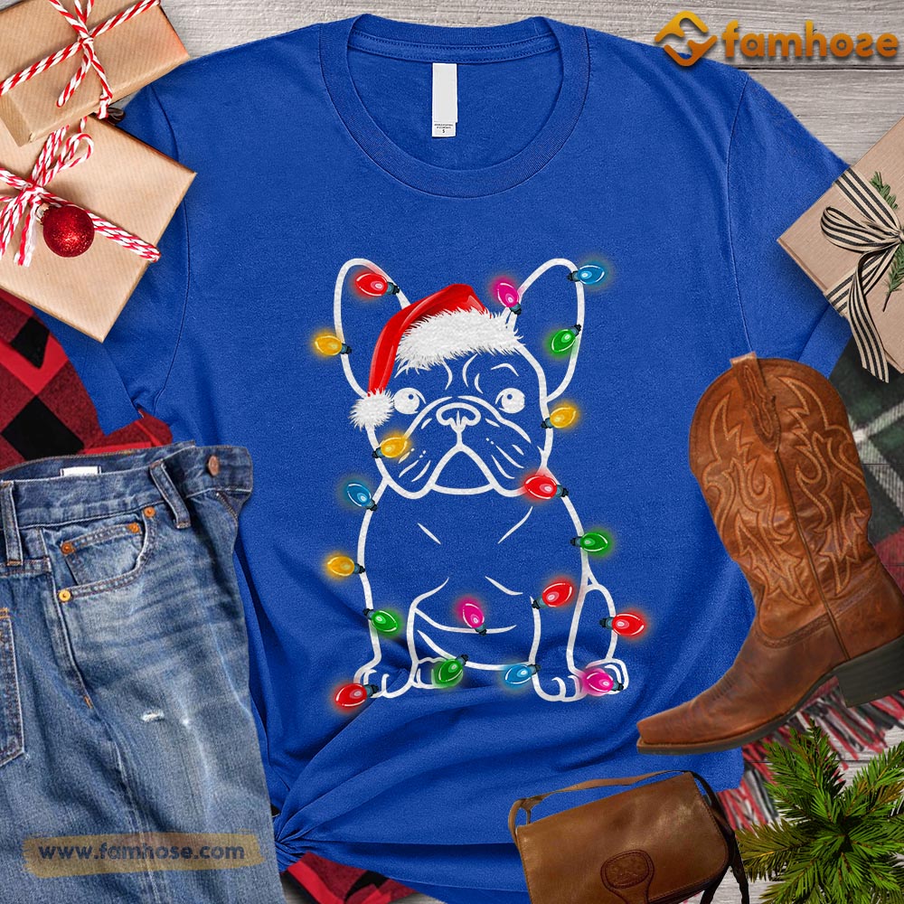 Christmas Dog T-shirt, Dog With Santa Hat String Lights Around Gift For Dog Lovers, Dog Owners, Dog Tees