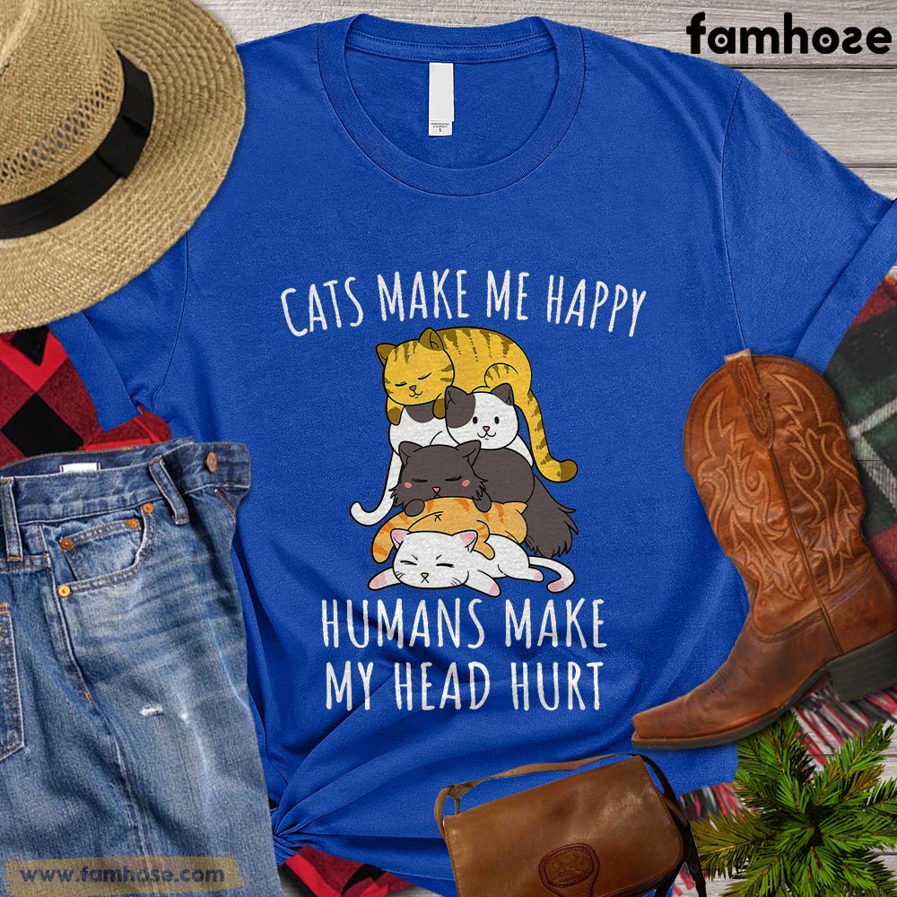 Cat T-shirt, Cats Make Me Happy Humans Make My Head Hurt Gift For Cat Lovers, Cat Owners, Cat Tees