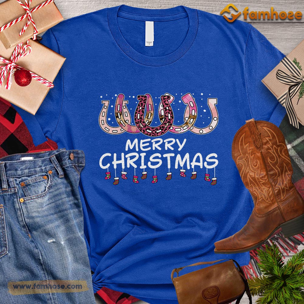 Cute Christmas Horse T-shirt, Merry Christmas Pink Horseshoe Christmas Gift For Horse Lovers, Horse Riders, Equestrians