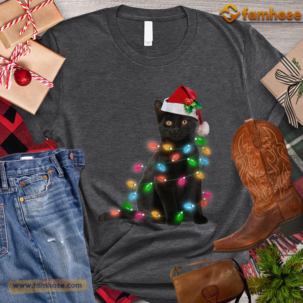 Christmas Cat T-shirt, Cool Cat With Santa Hat String Lights Gift For Cat Lovers, Cat Owners, Cat Tees