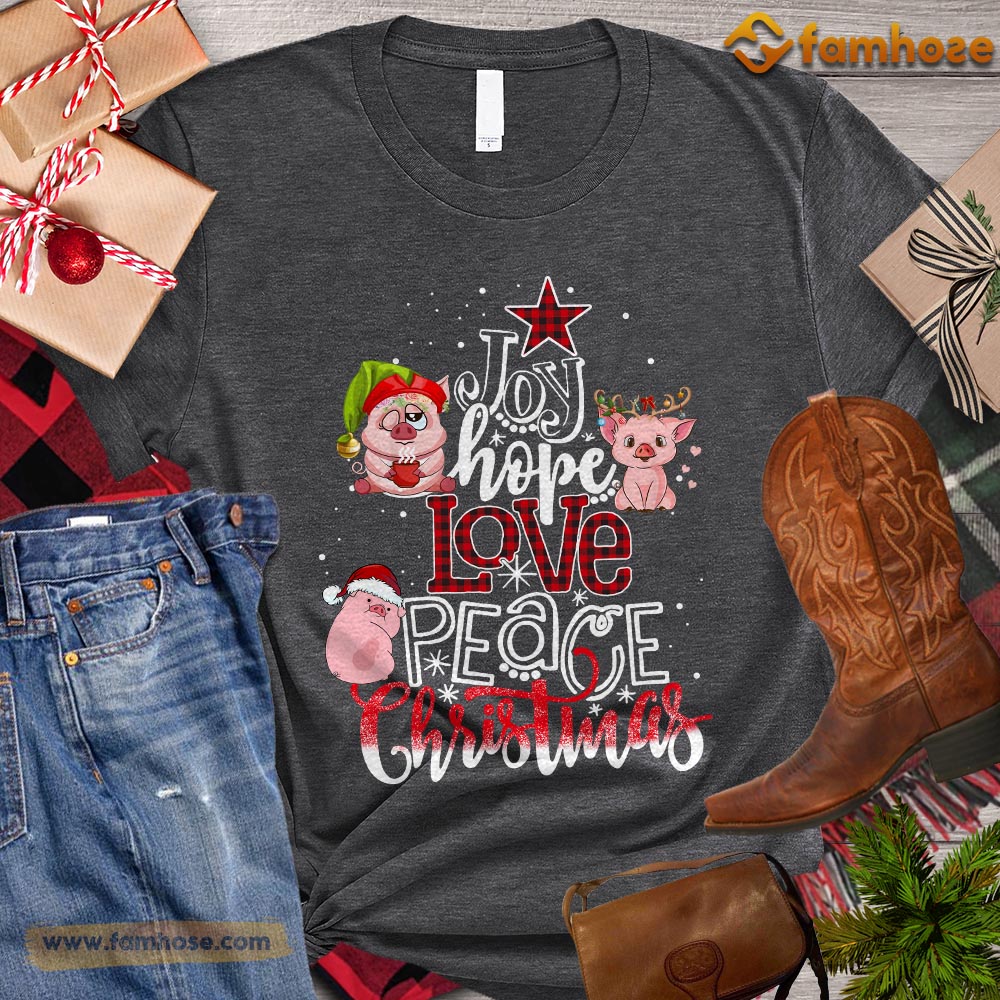 Cute Christmas Pig T-shirt, Joy Hope Love Peace Christmas Pigs With Santa Hats Gift For Pig Lovers, Pig Farm, Pig Tees