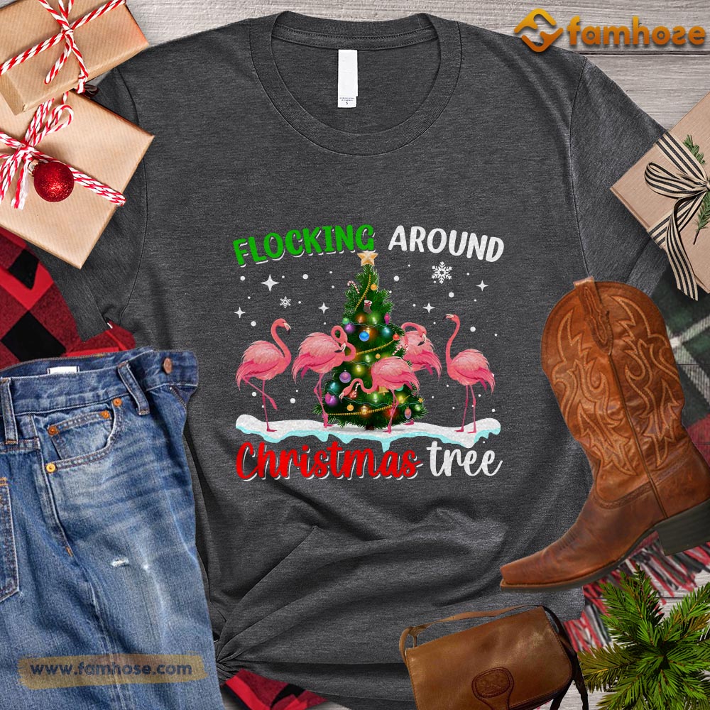 Christmas Flamingo T-shirt, Flocking Around Christmas Tree Christmas Gift For Flamingo Lover, Flamingo Owners, Flamingo Tees