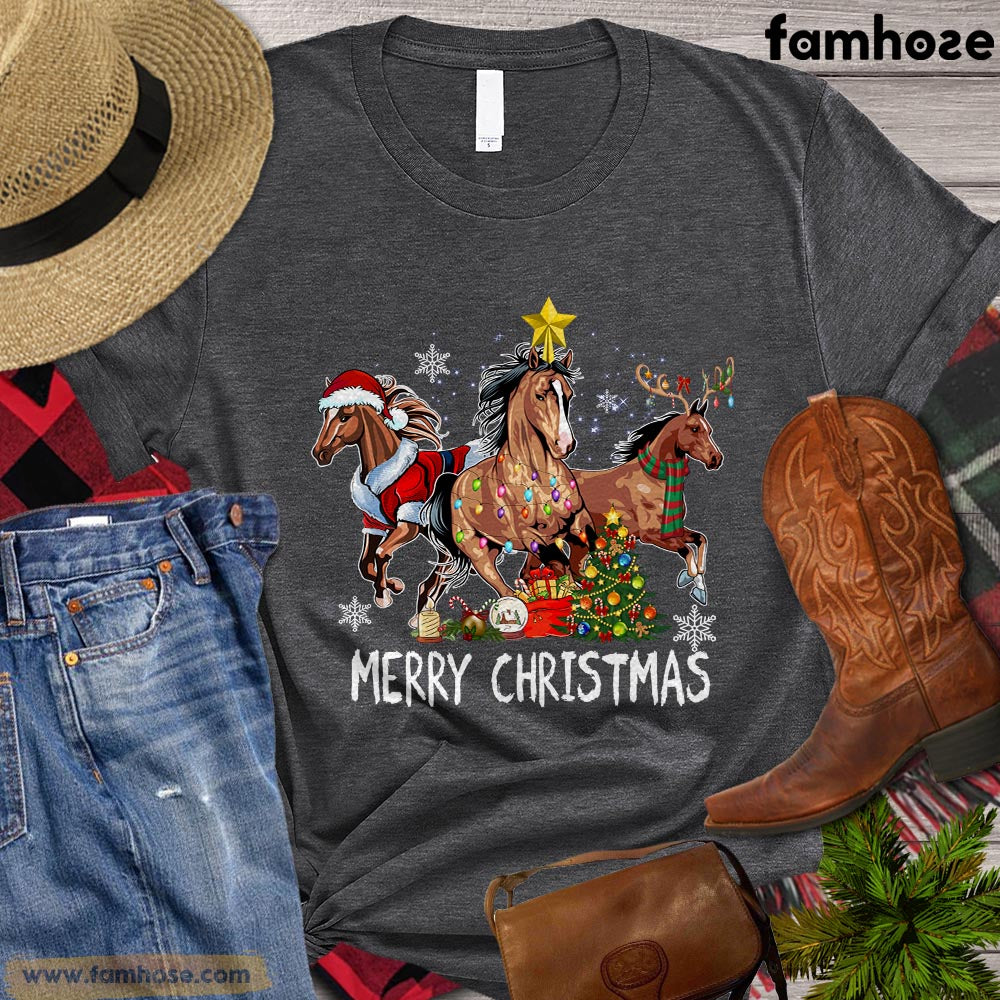 Horse Christmas T-shirt, Merry Christmas Santa ELF Deer Christmas Gift For Horse Lovers, Horse Riders, Equestrians