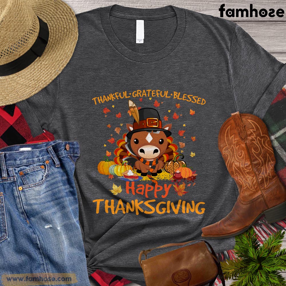 Thanksgiving Horse T-shirt, Thankful - Grateful - Blessed Happy Thanksgiving Gift For Horse Lovers, Horse Riders, Equestrians