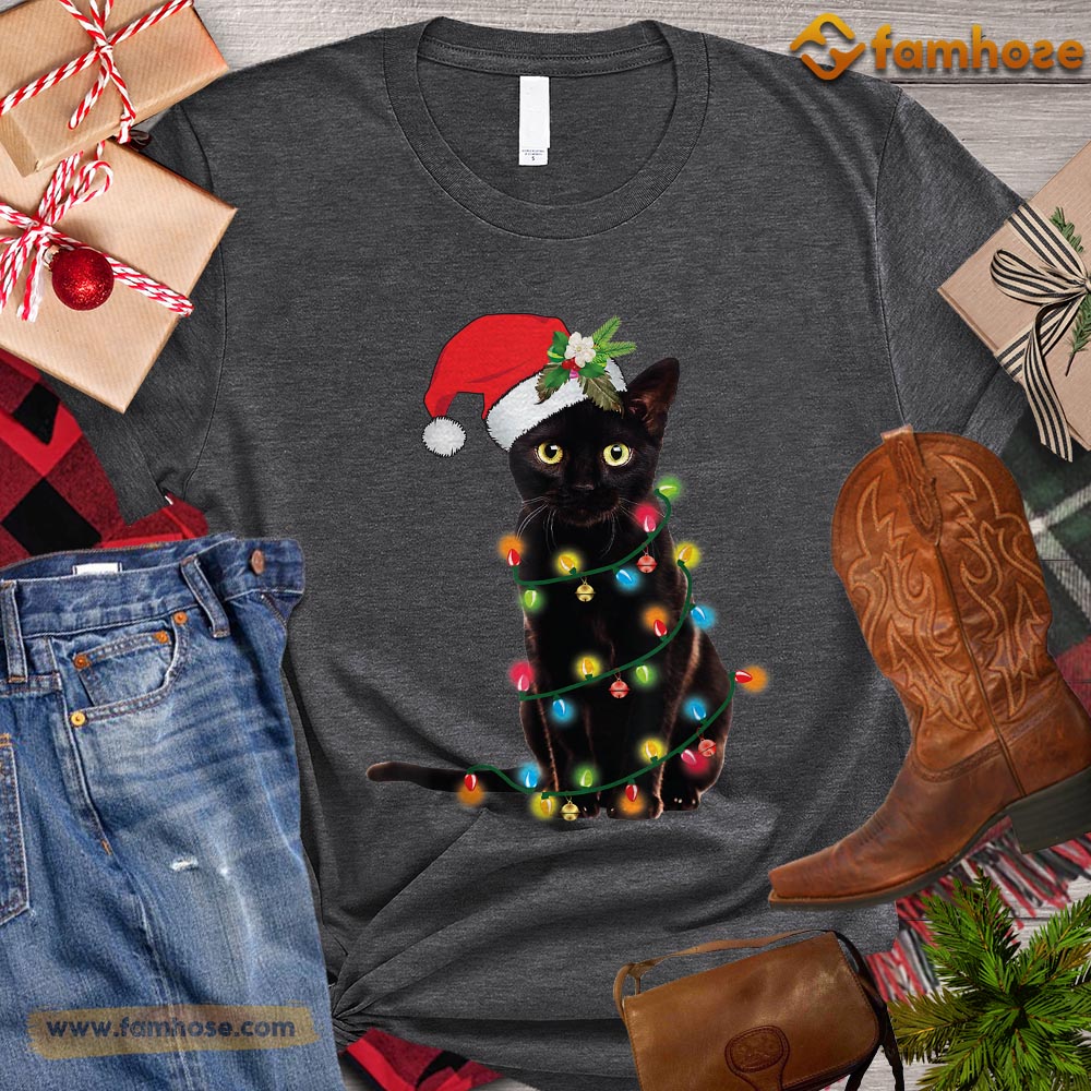 Christmas Cat T-shirt, String Lights With Cat Gift For Cat Lovers, Cat Owners, Cat Tees