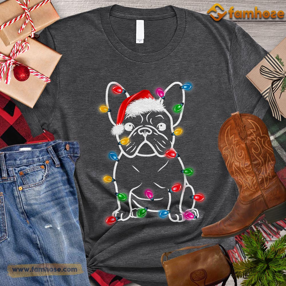 Christmas Dog T-shirt, Dog With Santa Hat String Lights Around Gift For Dog Lovers, Dog Owners, Dog Tees