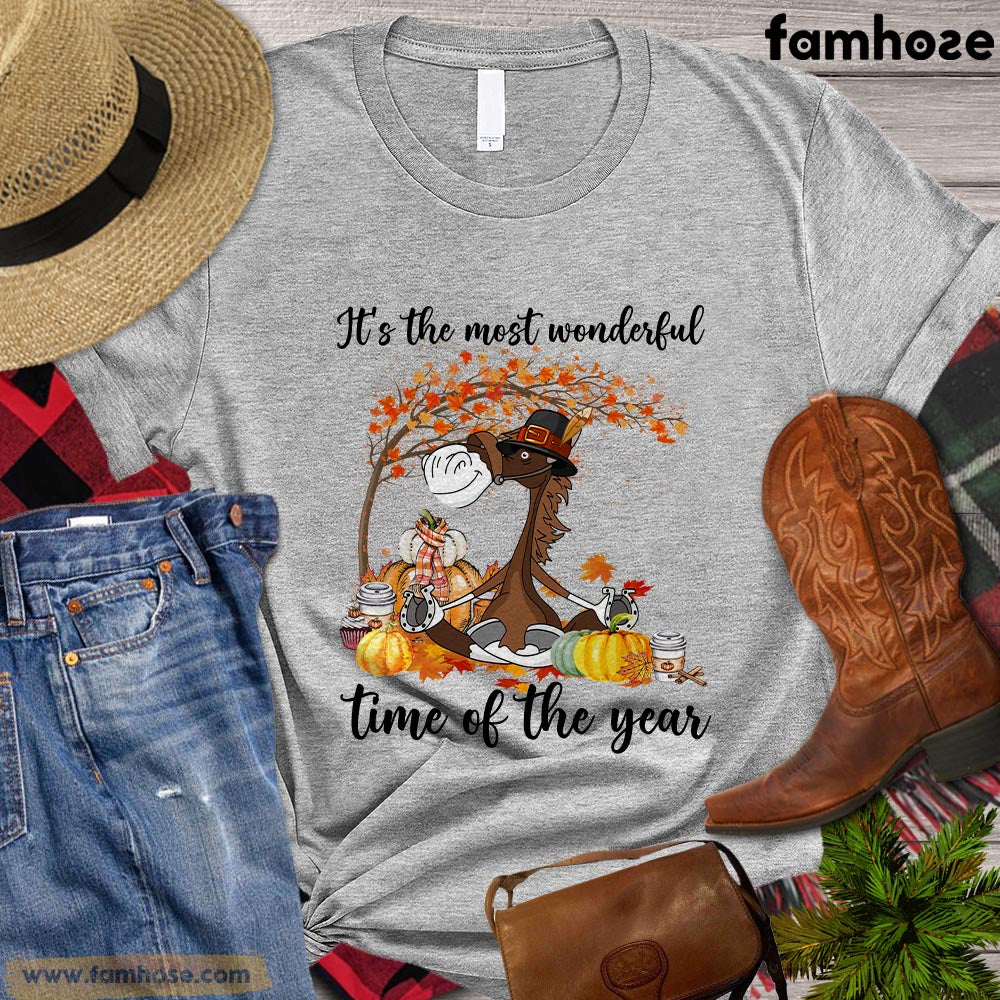 Thanksgiving Horse T-shirt, It's The Most Wonderful Time Of The Year Autumn Leaves Pumpkin Gift For Horse Lovers, Horse Riders, Equestrians