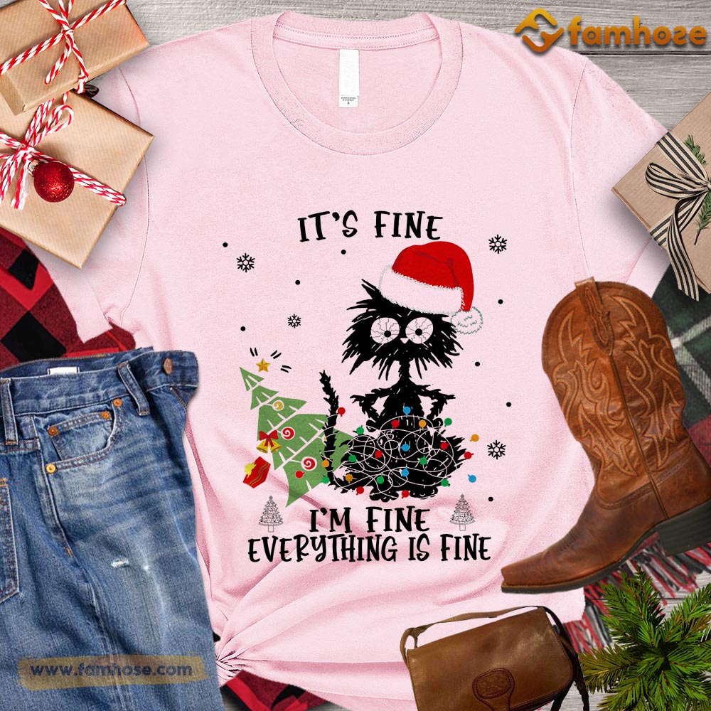 Christmas Cat T-shirt, It's Fine I'm Fine Everything Is Fine Gift For Cat Lovers, Cat Owners, Cat Tees