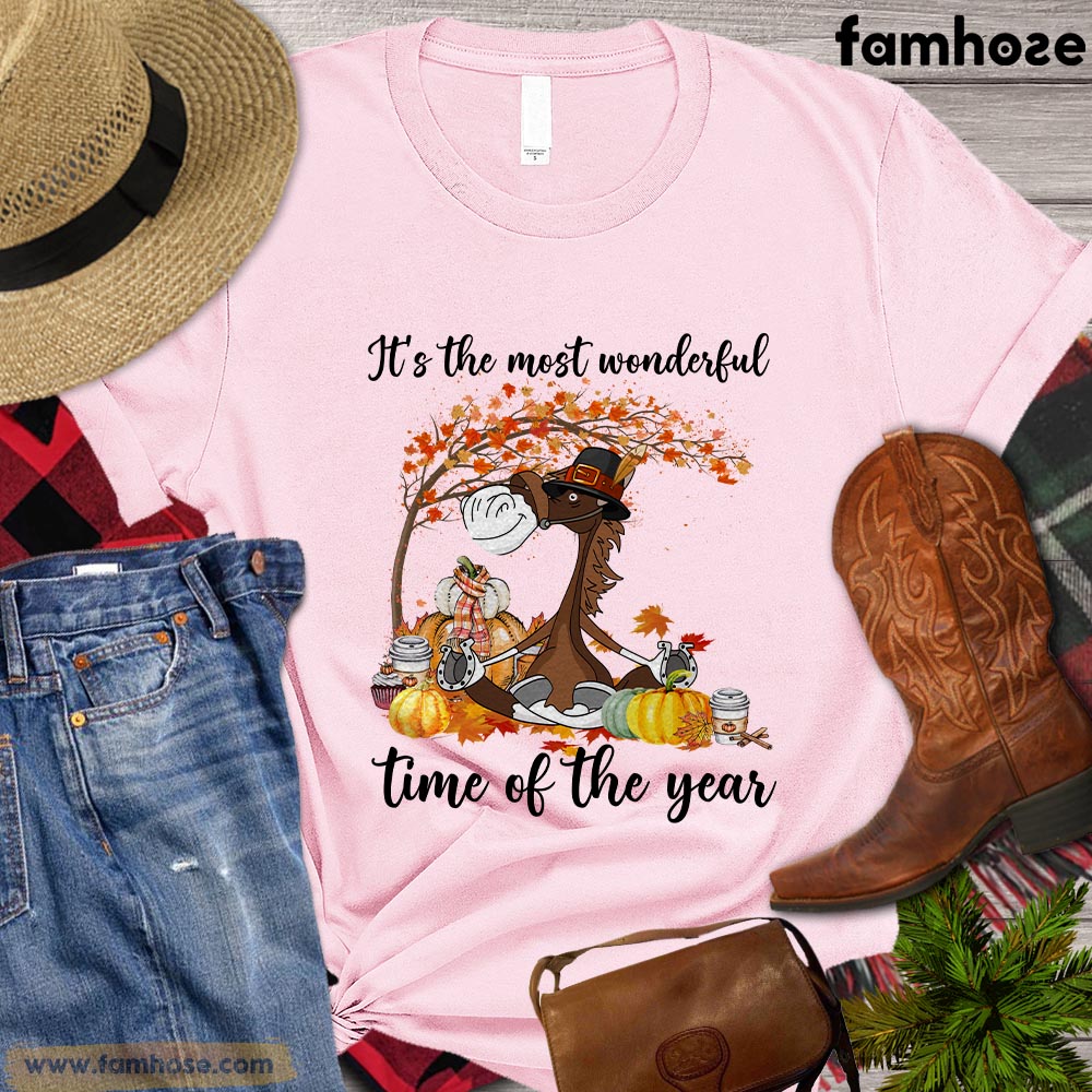 Thanksgiving Horse T-shirt, It's The Most Wonderful Time Of The Year Autumn Leaves Pumpkin Gift For Horse Lovers, Horse Riders, Equestrians