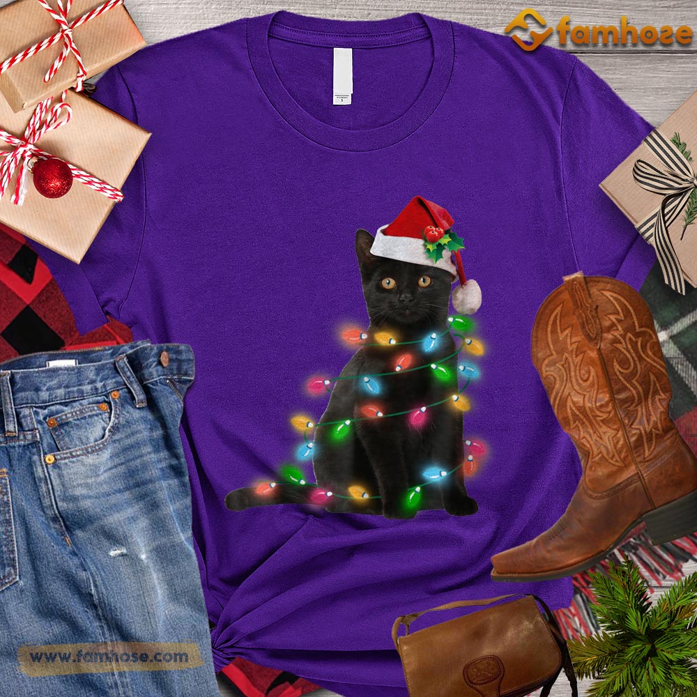 Christmas Cat T-shirt, Cool Cat With Santa Hat String Lights Gift For Cat Lovers, Cat Owners, Cat Tees