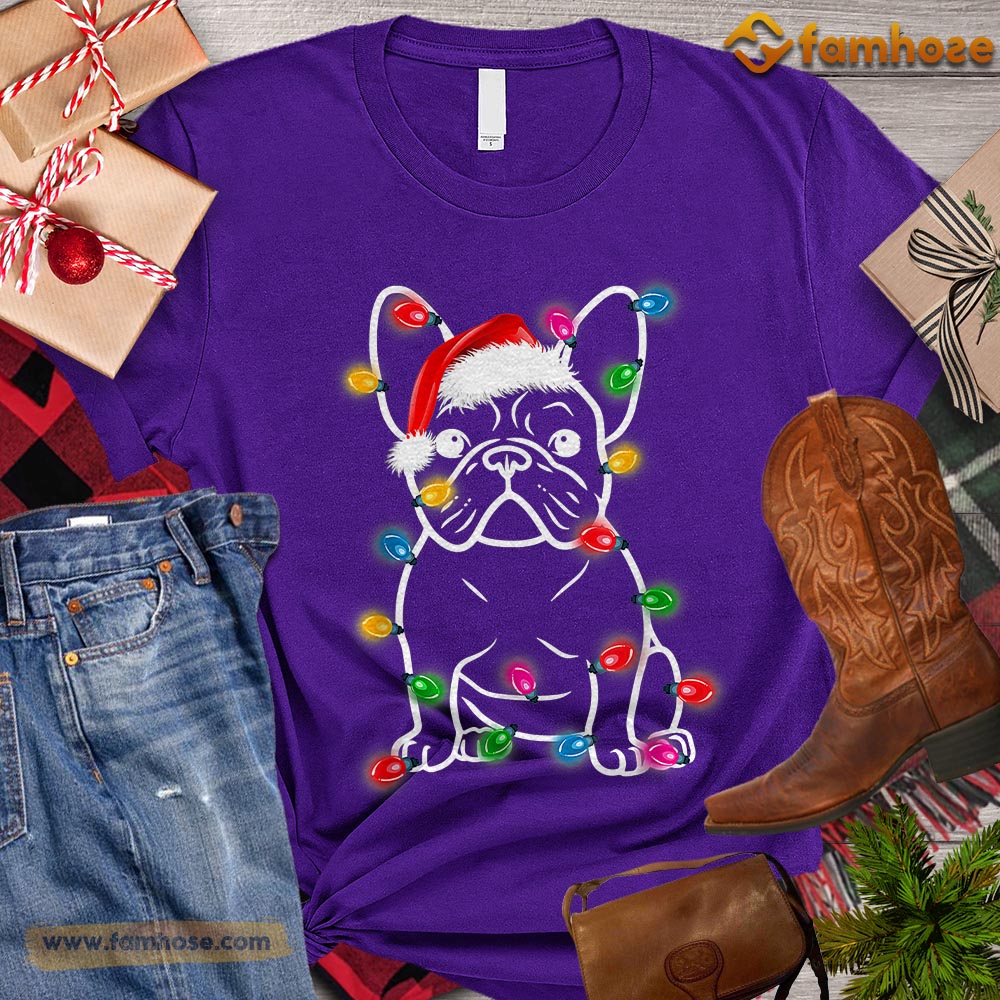 Christmas Dog T-shirt, Dog With Santa Hat String Lights Around Gift For Dog Lovers, Dog Owners, Dog Tees