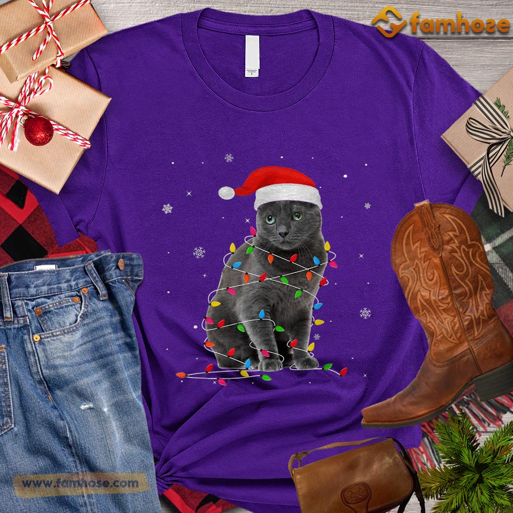 Christmas Cat T-shirt, Cat With String Lights Gift For Cat Lovers, Cat Owners, Cat Tees