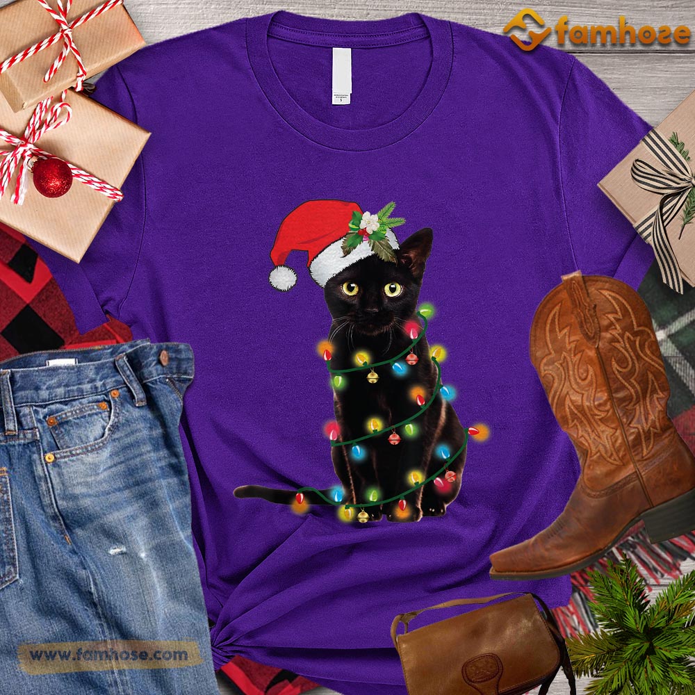 Christmas Cat T-shirt, String Lights With Cat Gift For Cat Lovers, Cat Owners, Cat Tees