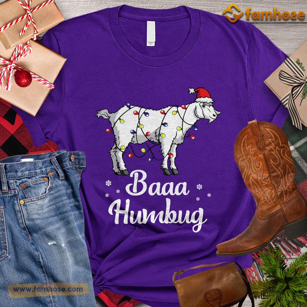 Christmas Goat T-shirt, Baaa Humbug Goat With Santa Hat String Lights Gift For Goat Lovers, Goat Farm, Goat Tees